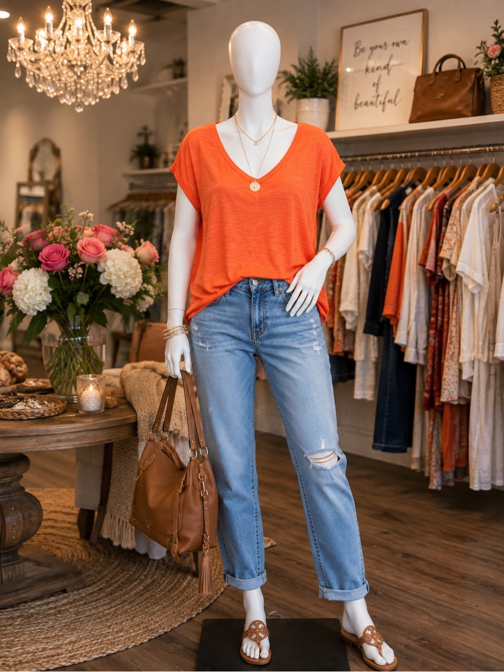 Dots Coral Orange V-Neck Tee with Crochet Back